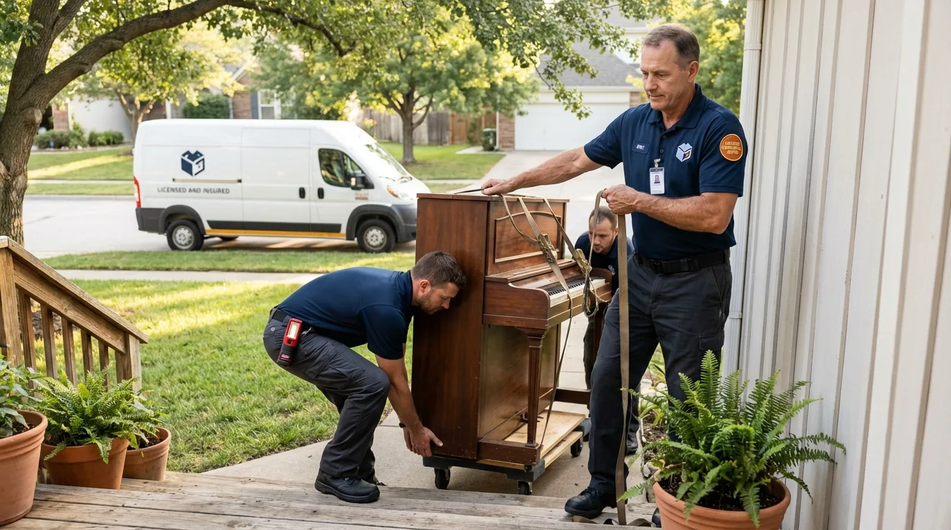 Licensed piano movers securing grand piano in Lewistown, PA