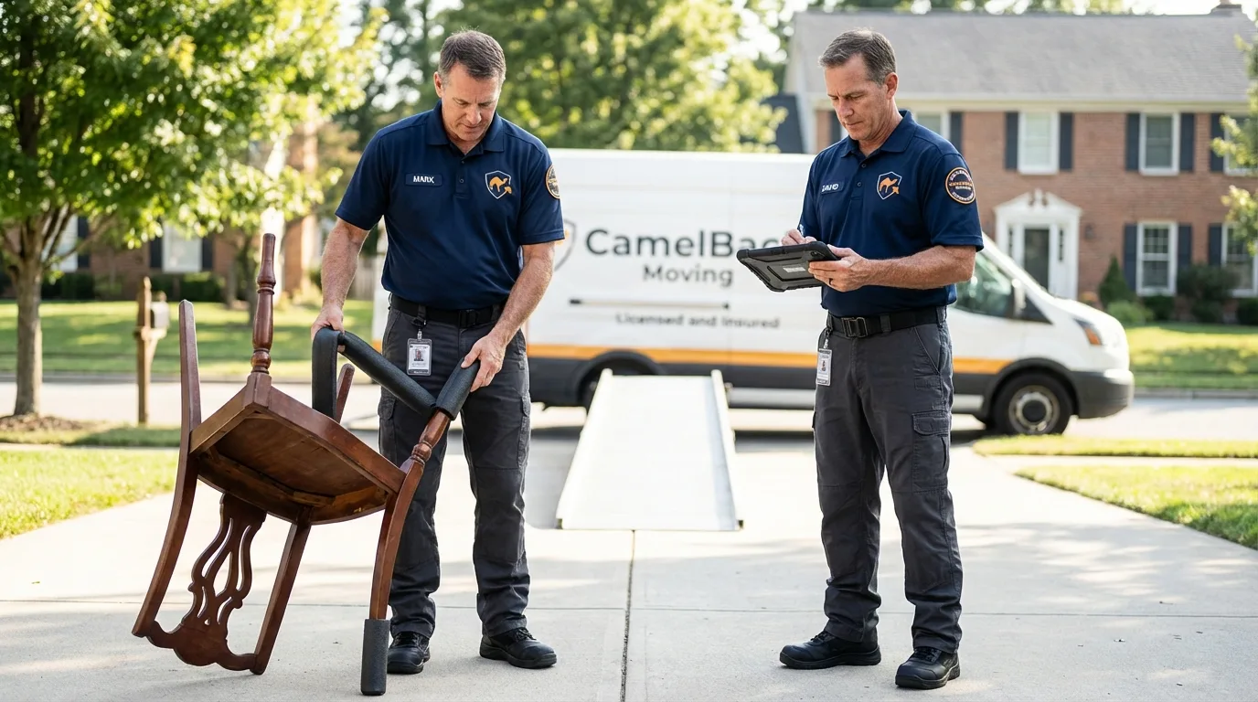 Movers inspecting furniture for damage prevention before loading in Lewistown, PA