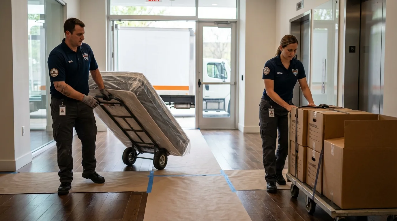 Professional apartment movers loading elevator in Lewistown, PA